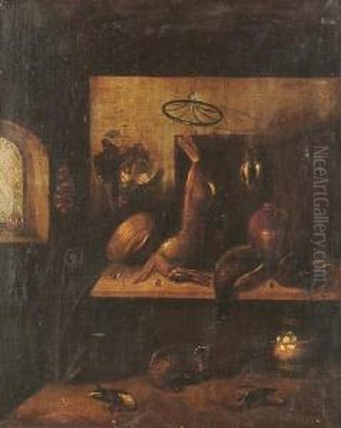 A Kitchen Interior With A Dead 
Hare And Dead Pheasants On A Tabletop With An Earthenware Jar And Copper
 Pan. Oil Painting by Benjamin Blake