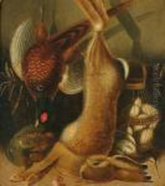 A Hare And Pheasant Hanging, 
With A Snipe, Partridge And Eggs In A Basket Below; Along With Another 
Still Life By The Same Hand Oil Painting by Benjamin Blake