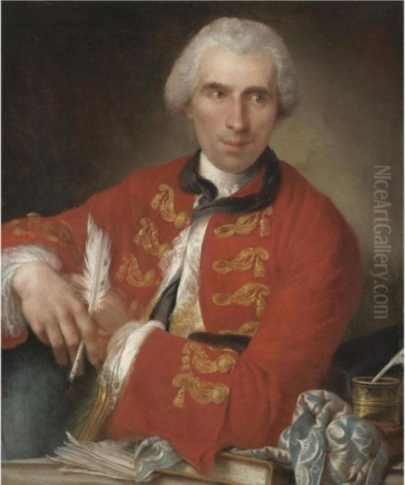 Portrait Of A Gentleman, Half 
Length, Said To Be A Member Of The French Academy In Rome, Seated At His
 Desk, Wearing A Red Coat With White Chemise, Holding A Quill, A Letter 
And A Book In Front Of Him Oil Painting by Louis Gabriel Blanchet