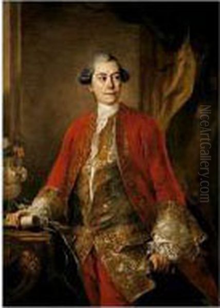 Portrait Of A Gentleman, 
Possibly A Composer, Three-quarter Length Standing, In An Elegant 
Interior Oil Painting by Louis Gabriel Blanchet