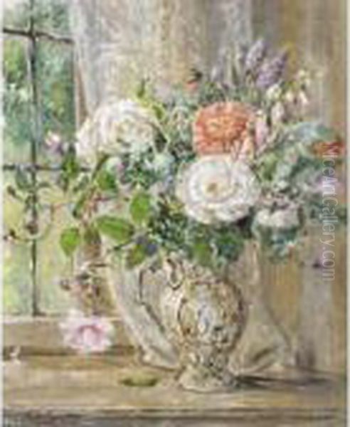 Roses On Window Sill Oil Painting by Emily Beatrice Bland