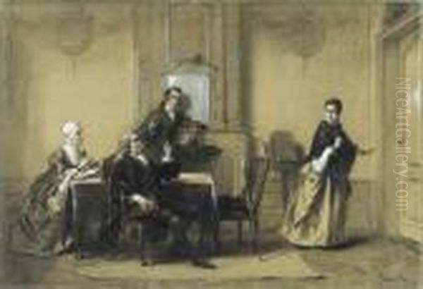 An Elegant Family In An Interior With A Young Woman Leaving Theroom Oil Painting by David Bles