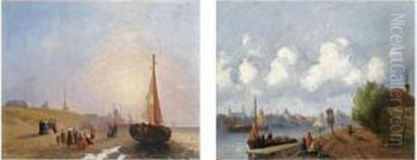 Figures On The Beach, 
Scheveningen; Figures Near A River, A Town In The Distance (a Pair) Oil Painting by Joseph Bles