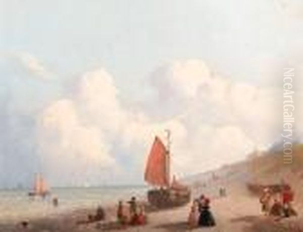 A Sunny Day On The Beach In 
Schevingen; And A Summer River Scenewith Freight Shipping And A 
Fisherman Along A Riverbank Oil Painting by Joseph Bles