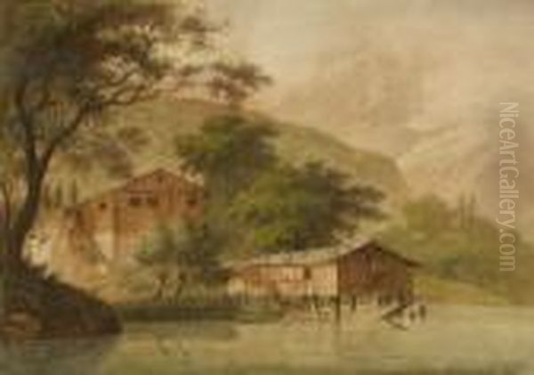 Fischer- Und Bootshaus Am
 Vierwaldstattersee. Oil Painting by Johann Heinrich Bleuler I