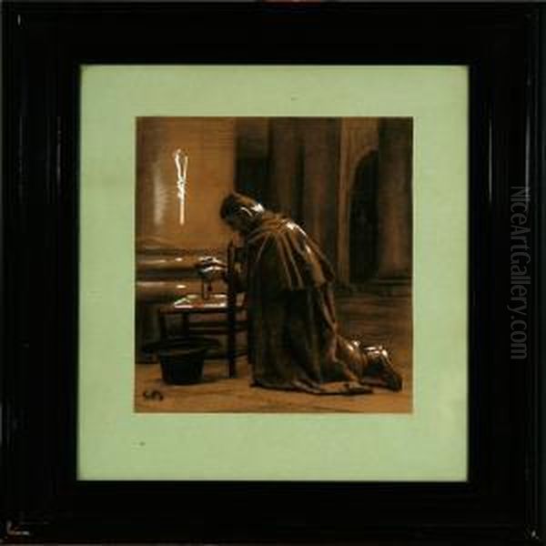 To Landscapes And A Praying Monk Oil Painting by Carl Heinrich Bloch