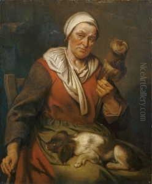 Eine Sitzende Altere Frau Mit
 Einem Spinnrocken Und Einem Hundchen.

 Ol Auf Leinwand. H 101; B 84 Oil Painting by Hendrick Bloemaert