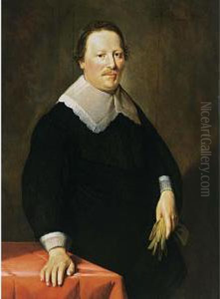 A Portrait Of A Gentleman, Aged 
47, Standing Half Length, Wearing A Black Costume With White Lace Cuufs 
And Collar, Holding Gloves In His Left Hand Oil Painting by Hendrick Bloemaert