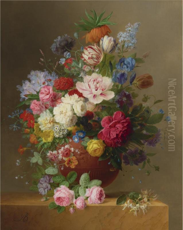 Still Life Of Roses, Lilac, 
Peonies, Tulips, An Iris, Auriculas,fritillaria Imperialis, Morning 
Glory And Other Flowers In Aterracotta Vase On A Stone Ledge, With A 
Sprig Of Honeysuckle Oil Painting by Arnoldus Bloemers