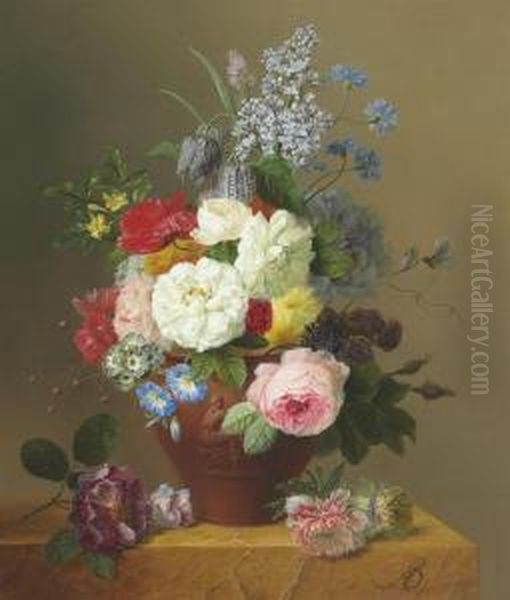 Roses, Poppies, Cornflowers, 
Convulvulus, Jasmine, Fritilleries, Aprimula, A Peony, And Lilac In A 
Terracotta Vase With A Sprig Ofroses And Other Flowers On A Stone Ledge Oil Painting by Arnoldus Bloemers