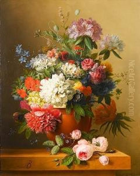 A Still Life Of Peonies, Roses, 
Honeysuckle, Poppies, A Crown Imperial, Rhododendrons And Other Flowers 
In A Terracotta Urn On A Ledge Oil Painting by Arnoldus Bloemers