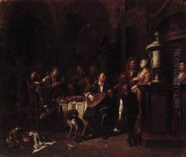 Elegant Company Making Music And
 Dining On A Roof Terrace; And Cardplayers Fighting In An Interior Oil Painting by Maximilian Blommaerdt