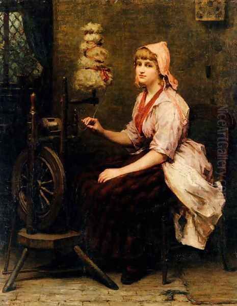 The Girl At The Spinning Wheel Oil Painting by Katherine D. M. Bywater