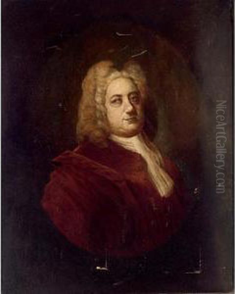 A Portrait Of Hermann Wellmann, A
 Merchant In Hamburg, Wearing A Red Coat And A Lace Collar, In A Painted
 Oval Oil Painting by Robert Frederick Blum