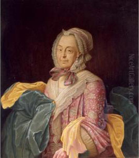 A Portrait Of Anna Elisabetha 
Carstens, Seated Three Quarter Lenght, Wearing An Embroidered Silk Dress
 And Lace Hairdress Oil Painting by Robert Frederick Blum