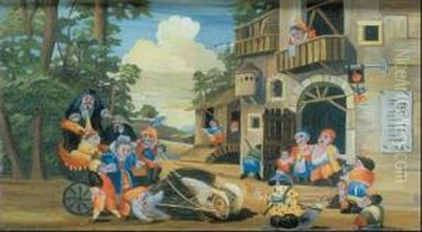 A) L'arrivo Del Carro B) Il 
Taglio Del Formaggio C) La Raccolta Dell'uva D) La Lotta Con Lo 
Scarafaggio E) La Lotta Con Gli Uccelli F) L'arrivo Della Sposa Oil Painting by Faustino Bocchi