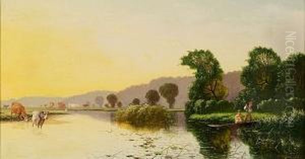 Thames Valley River Landscape 
(possibly Between Goring And Pangbourne), With Figures In A Boat And 
Cattle Grazing Oil Painting by Edwin H., Boddington Jnr.