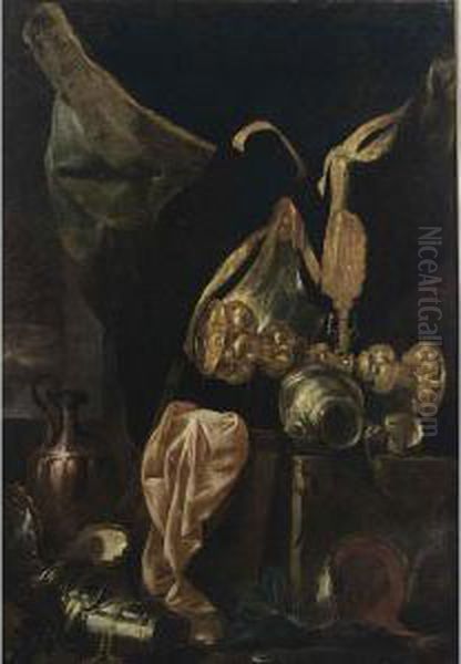 A Still Life With Armour, A 
Silver-gilt Cup, A Copper Jug, A Silver Bowl And A Pink Cloth Oil Painting by Peeter Boel