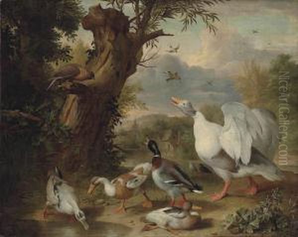 Bogdani A Goose, Ducks And A 
Raptor By A Pond In A Wooded Landscape, A Farmyard And A Church Beyond Oil Painting by Jakob Bogdani Eperjes C