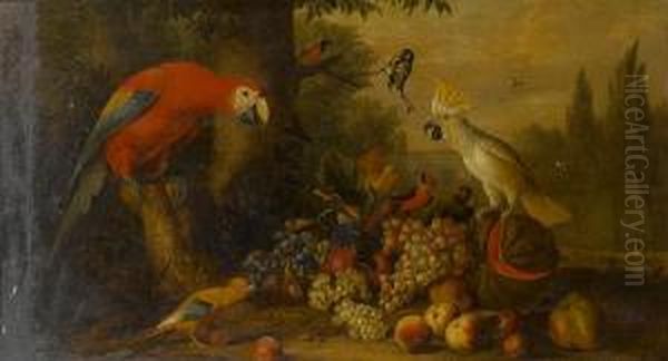 A Parrot, A Blue Tit And Other 
Birds With Grapes, Peaches, A Melon And Apples In A Park Landscape Oil Painting by Jakob Bogdani Eperjes C