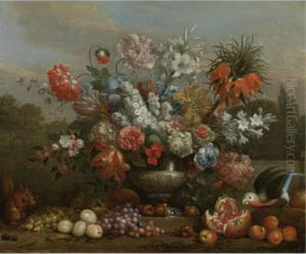 Still Life With Flowers In A 
Silver Urn With Fruits, A Squirrel And A Parrot Resting On The Ground 
Beside It Oil Painting by Jakob Bogdani Eperjes C