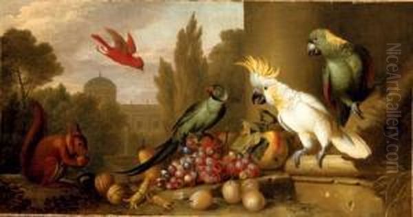 A Cardinal, A Plum-headed 
Parakeet, A Lesser Sulphur-crested Cockatoo, A Yellow-naped Amazon, And A
 Squirrel With Grapes, Apples, Plums And Walnuts In A Ruin, A City 
Beyond Oil Painting by Jakob Bogdani Eperjes C