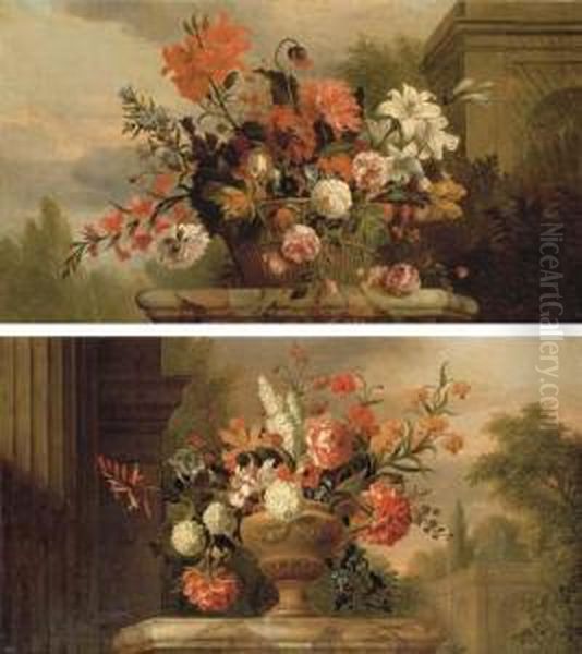 Lilies, Roses, Morning Glory And
 Other Flowers In A Basket On Amarble Plinth, By A Fountain In A Garden;
 And Peonies Oil Painting by Jakob Bogdani Eperjes C