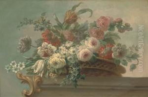 Summer Flowers, Including 
Tulips, Poppies And Peonies, In A Wickerbasket, On A Stone Ledge Oil Painting by Jakob Bogdani Eperjes C