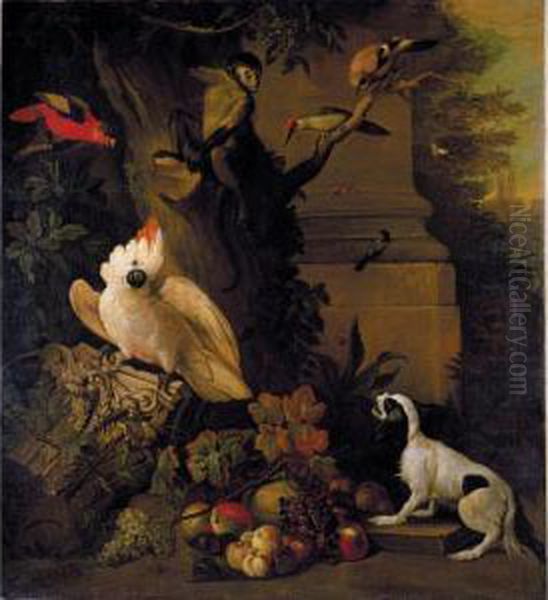 Still Life With Parrots, A Jay, A
 Woodpecker And A Finch, Together With A Spaniel And Various Fruits In A
 Parkland Setting Oil Painting by Jakob Bogdani Eperjes C