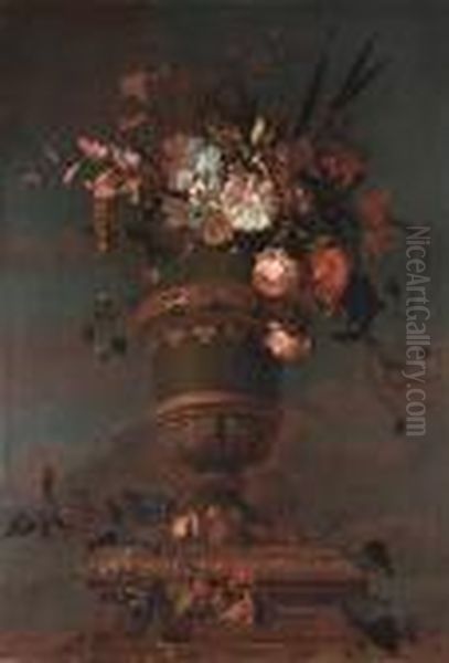 Roses, Tulips, Narcissi And 
Other Flowers In A Vase On A Marble Ledge With Grapes, Cherries, 
Redcurrants And Apples Oil Painting by Jakob Bogdani Eperjes C