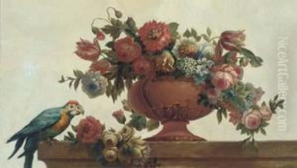 Roses, Tulips, Carnations, 
Morning Glory And Other Flowers In Avase With A Parrot On A Ledge Oil Painting by Jakob Bogdani Eperjes C