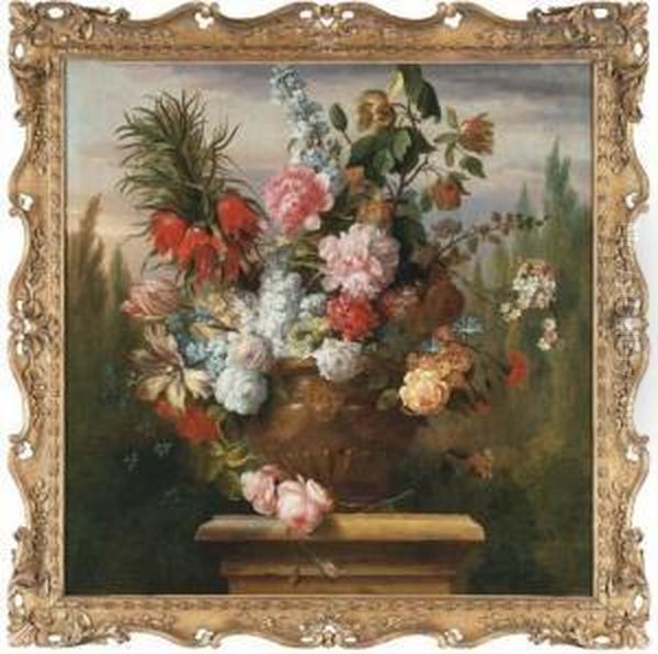 A Crown Imperial Lily, Tulips, 
Peonies, Roses, Morning Glory Andother Flowers In An Sculpted Urn On A 
Plinth In A Garden Oil Painting by Jakob Bogdani Eperjes C