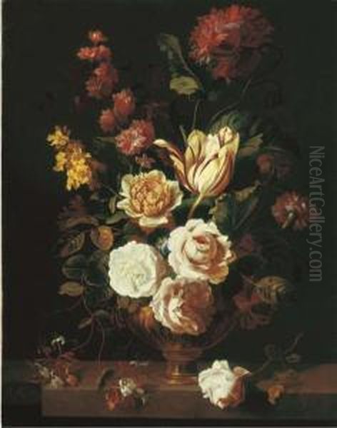 Roses, A Parrot Tulip, 
Carnations, Morning Glory, Honeysuckle And Other Flowers In An Urn On A 
Stone Ledge Oil Painting by Jakob Bogdani Eperjes C
