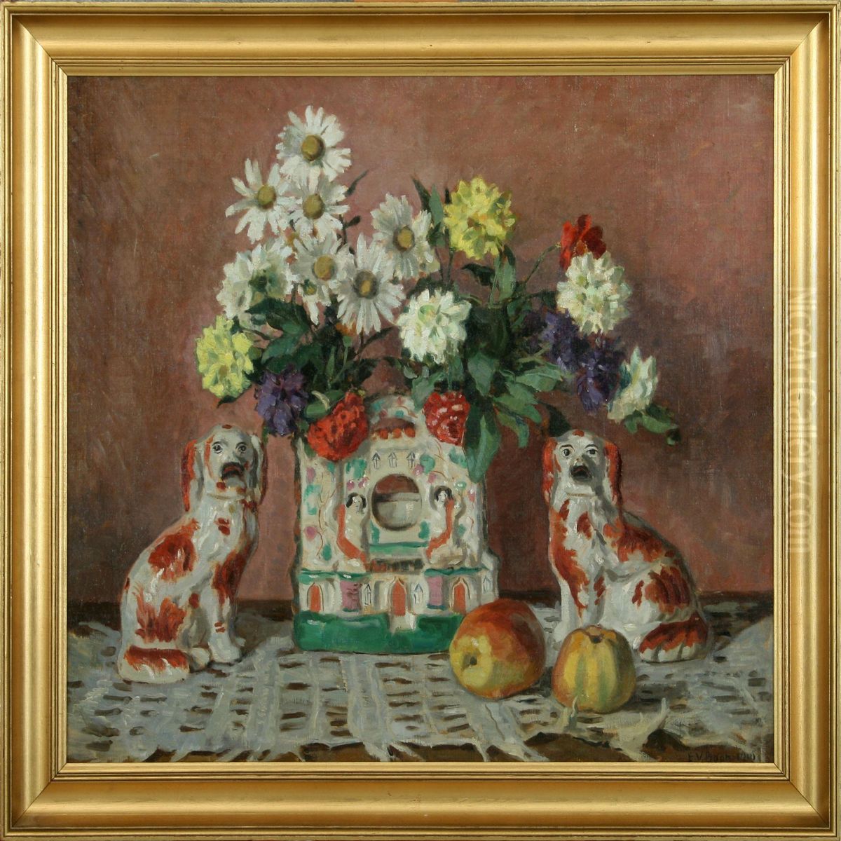 Still Life With Englishstaffordshire Faience Dogs, Flowers In A Vase And Apples Oil Painting by Einar Vilhelm Bogh