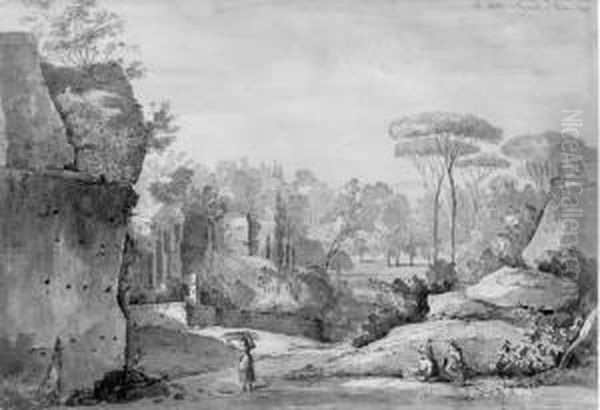 View Of The Roman Walls In The 
Gardens Of The Villa Borghese; Viewof The Ruins Of The Temple In Monte 
Cavo Near Frescati; The Road Tonaples; And View Of The Isle Of Sora Oil Painting by Nicolas-Didier Boguet