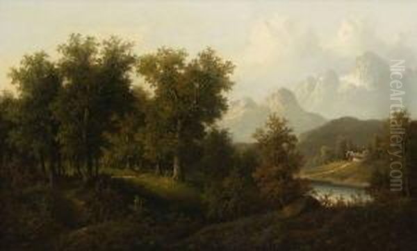 Waldlandschaft Mit
 Wanderer. Oil Painting by Eduard Boehm