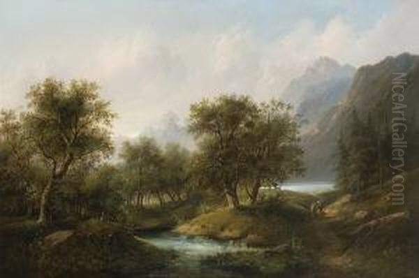 Wanderndes Bauernpaar Am Wasser In
 Gebirgslandschaft. Oil Painting by Eduard Boehm