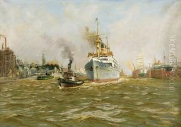 Derdampfer Adolph Woermann Verlast Den Hamburger Hafen Oil Painting by Hans Bohrdt