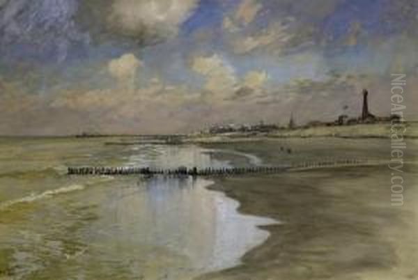 On The Beach By Scheveningen. 
Signed And Dated Lower Left: Hans Bohrdt. Scheveningen 28. Juli 1910 Oil Painting by Hans Bohrdt