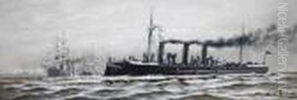 Kleines Kriegsschiff Der 
Kaiserlichen Marine In Begleitung Groser Dampfsegelschiffe Vor Kuste Mit
 Leuchtturm Oil Painting by Hans Bohrdt