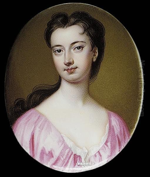 A Lady, Wearing Pink Dress With 
White Underslip And Pearl Bar Brooch At Her Corsage, Her Dark Hair 
Falling Over Her Right Shoulder Oil Painting by Charles Boit