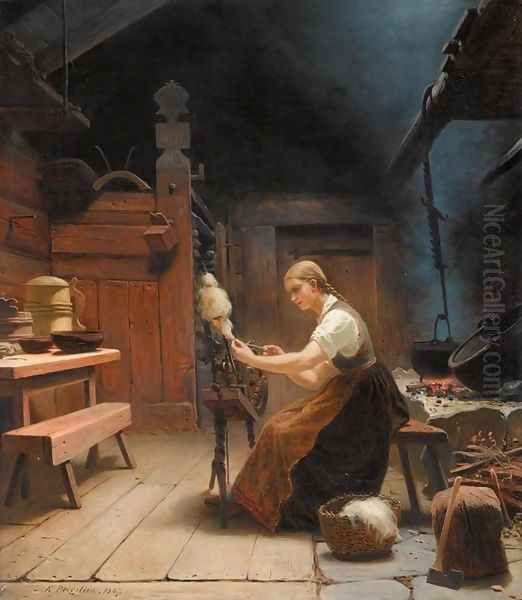 Woman Spinning Wool (Kvinne ved rokken i bondeinteri&oslash;r) Oil Painting by Knud Bergslien