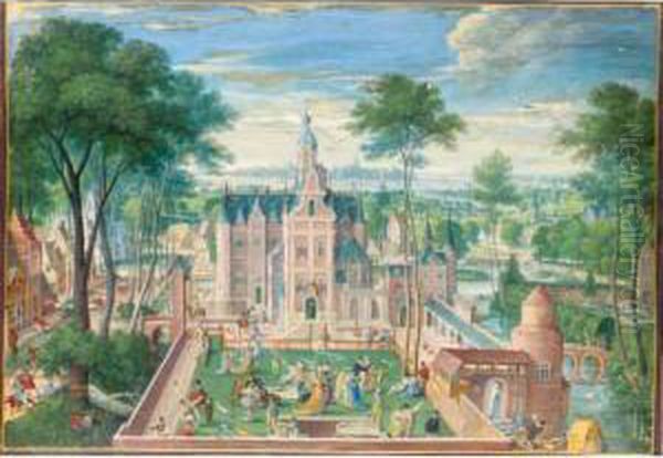 View Of A Castle, With Elegant 
Figures In The Walled Garden, A Village And Landscape Beyond Oil Painting by Hans Bol