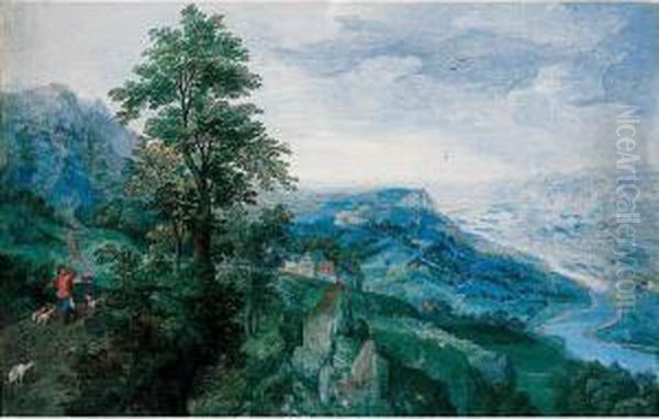 A Panoramic Landscape Of A River
 Valley, With A Sportsman On A Road To The Left, And A Village In The 
Centre Oil Painting by Hans Bol