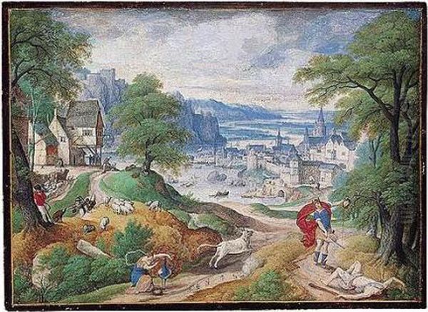 Mountainous River Landscape With
 Juno And The Peacock, And Mercury Holding The Head Of Argus In The 
Foreground, A Village And A Riverside Town Behind Oil Painting by Hans Bol