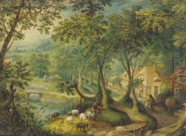 A Wooded Landscape With A 
Shepherd And Sheep On A Track With Figures Before Cottages Beyond Oil Painting by Hans Bol
