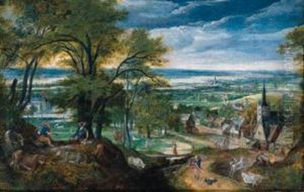 Mercury Playing The Flute As 
Argus Falls Asleep And Mercury Slayingargus, A Village And A River 
Valley Beyond Oil Painting by Hans Bol
