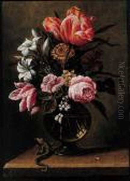 Tulips, Roses, Carnations And 
Other Flowers In A Glass Vase With Alizard On A Wooden Ledge Oil Painting by Hans Bollongier