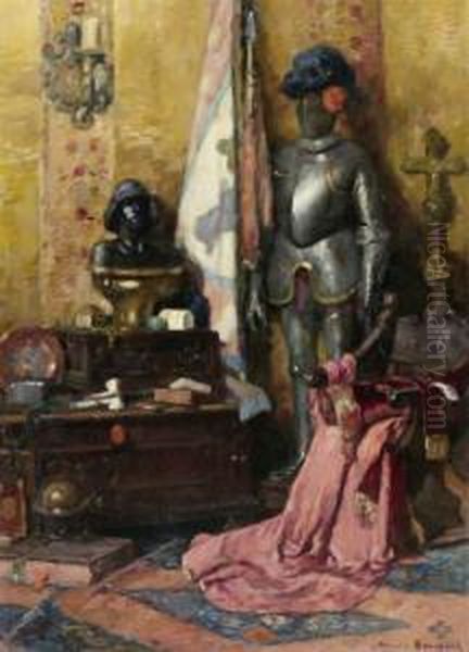 Interior With Bust And Armour. Oil Painting by Maurice Bompard