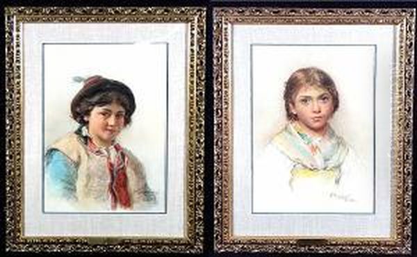 A Portrait Of A Young Boy In A 
Cap; Also A Companion Portrait Of A Young Girl With A Scarf Around Her 
Neck (a Pair) Oil Painting by Augusto Bompiani
